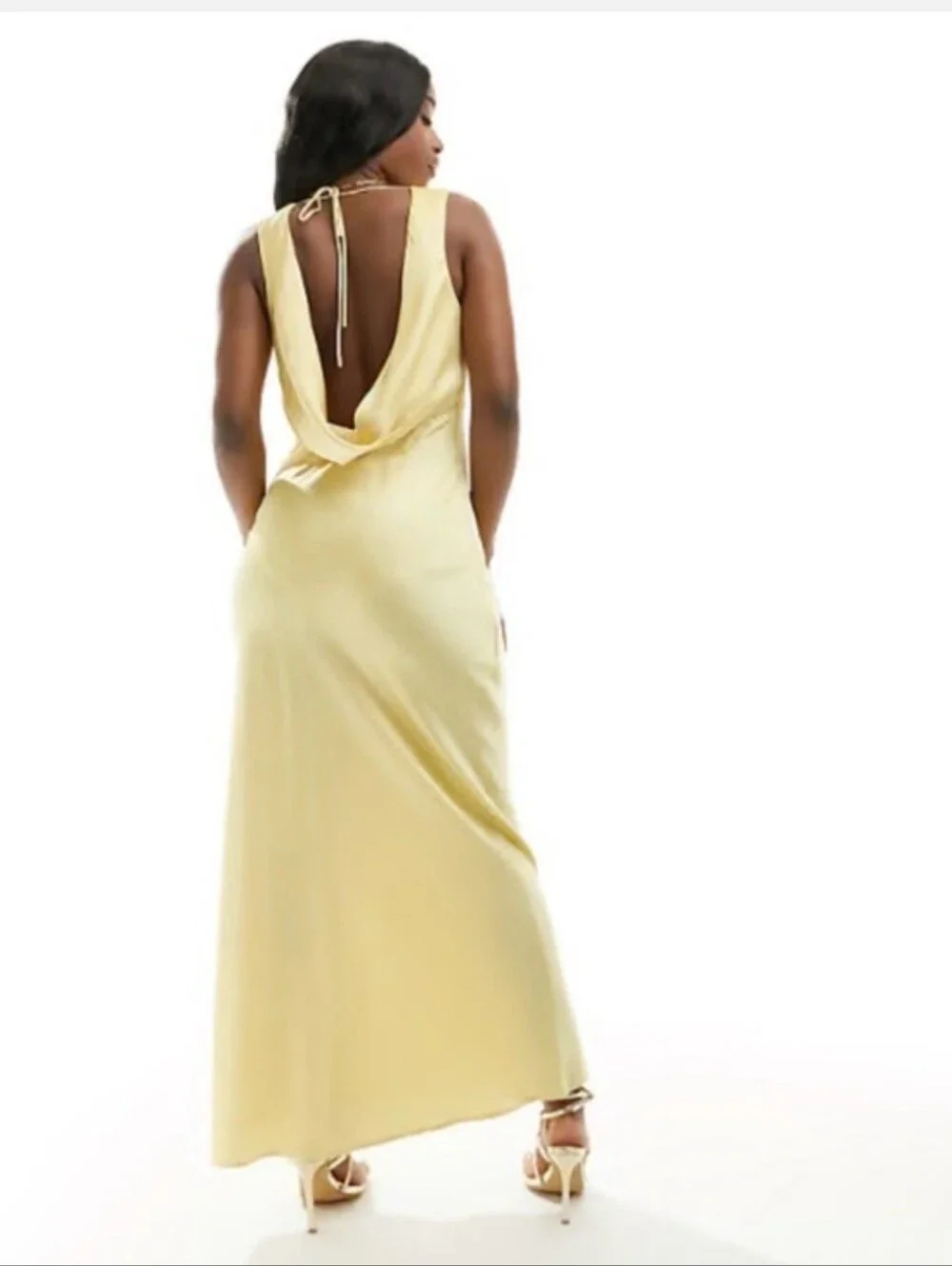 Abercrombie & Fitch Butter Yellow Satin Slip Plunge Cowl Back Maxi Dress MP